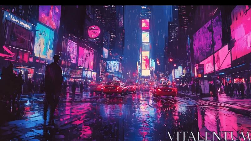 Neon saturated rainy city intersection with reflective wet asphalt.