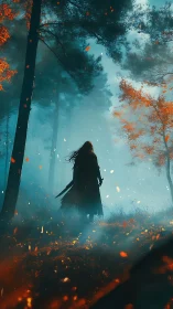 Lone wanderer strides through ember lit misty forest twilight