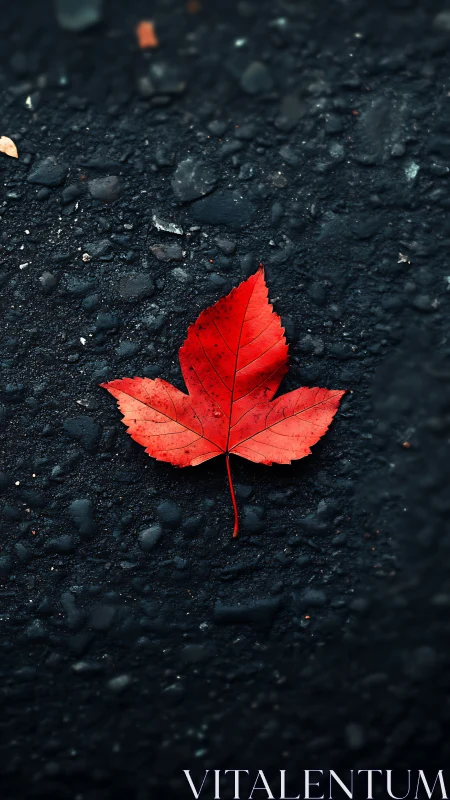 Chromatic isolation of scarlet maple leaf on wet asphalt surface.