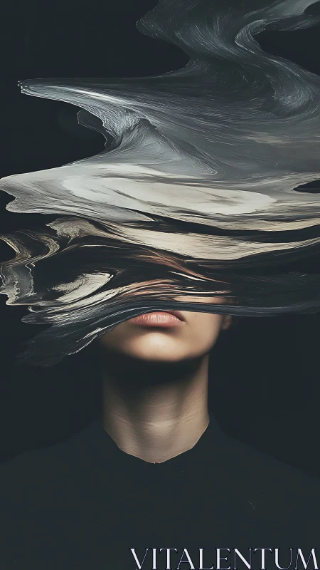 Portrait shows face partially obscured by fluid paint distortion