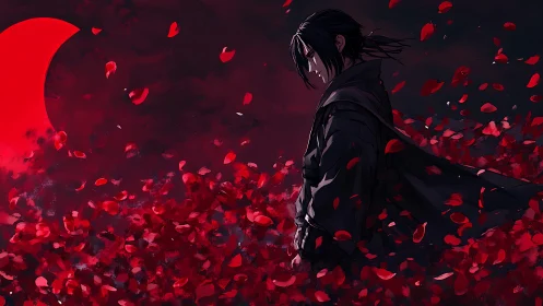 Anime nocturne with red eclipse and drifting petals composition.