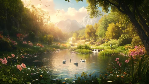 Sunlit valley pond where swans glide through blooming dreams.