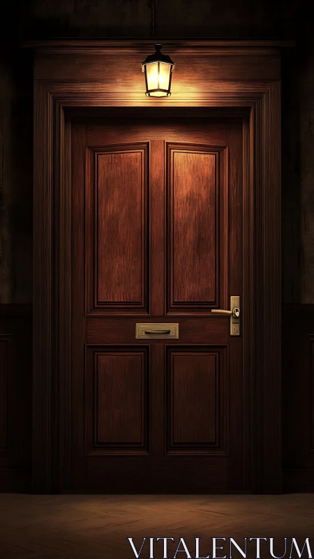 Photorealistic wooden entrance door with warm lantern light.