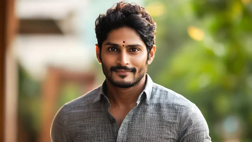 Smiling man in grey shirt against soft green outdoor blur.