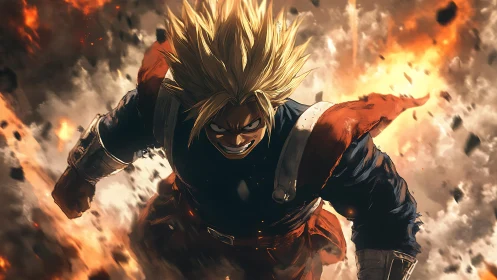 Dynamic anime hero charge amid cinematic explosion field.