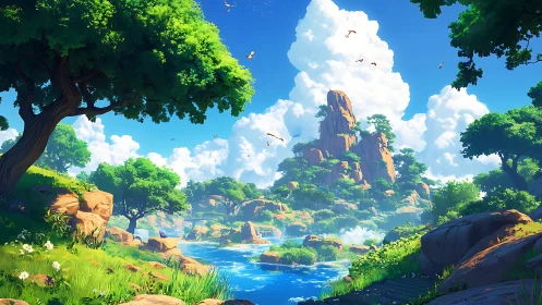 Luminous river valley landscape in stylized digital painting.