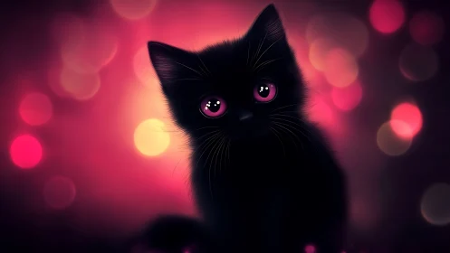 Black cat with neon pink eyes against glowing bokeh background.