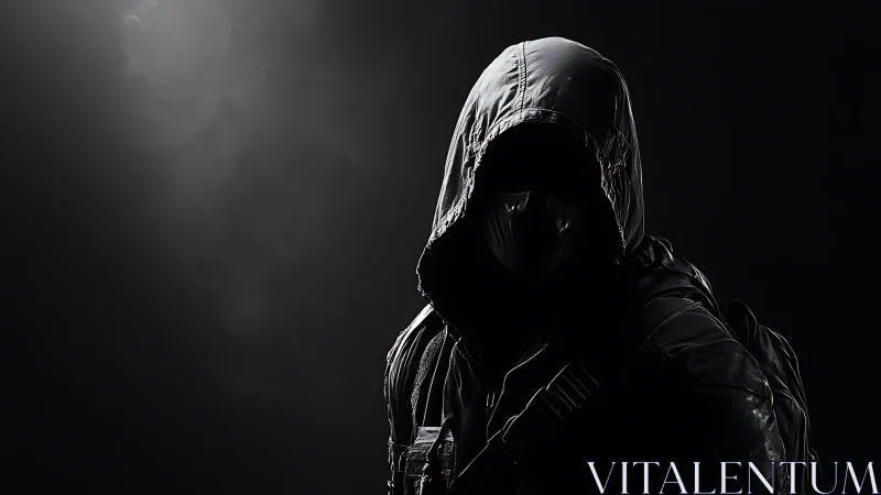 Hooded vigilante in shadow, stark monochrome portrait.
