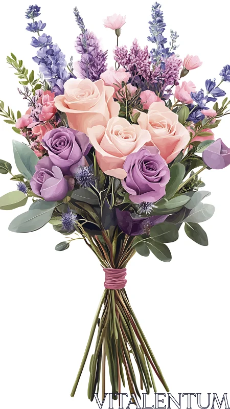 Pink and Purple Rose Bouquet with Lavender Spires and Eucalyptus Foliage