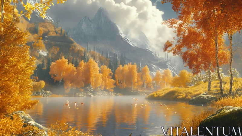 Golden autumn lake beneath soft-shouldered mountain peaks.