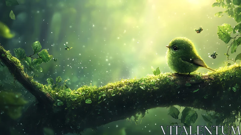 Fluffy green bird on mossy branch in enchanting forest scene.
