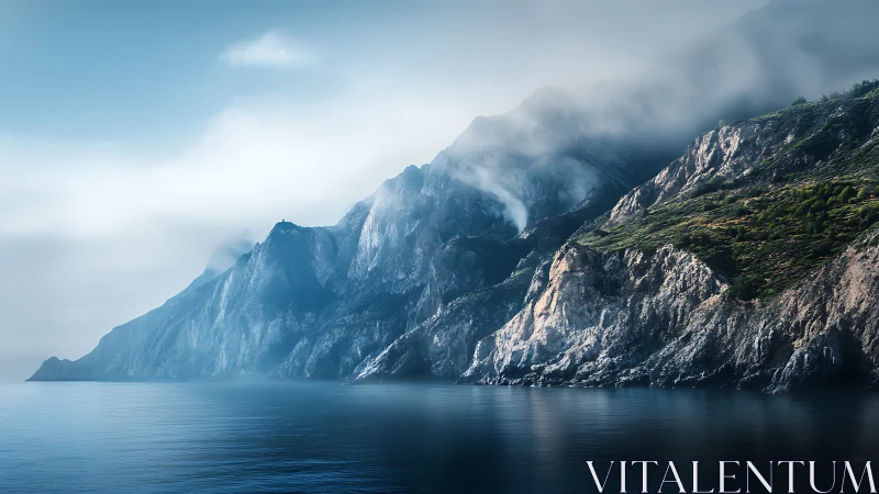 Coastal cliffs rise through morning mist above still water.