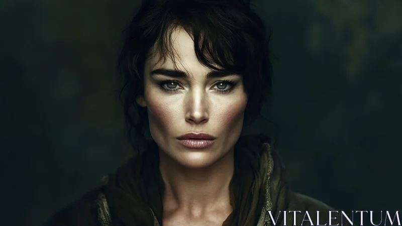 Photorealistic frontal portrait with cinematic chiaroscuro lighting.