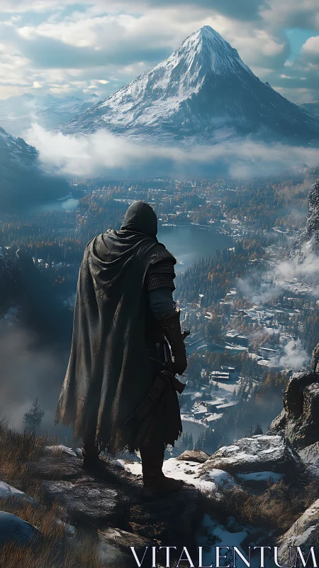 Lone cloaked wanderer overlooks vast snowy kingdom below.