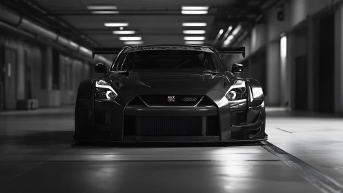 Modified black GT-R race car sits low in an empty garage
