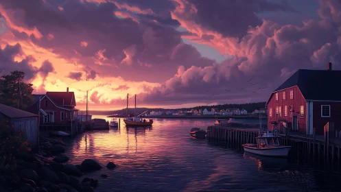 Sunset harbor inlet with red wooden boathouses and sailboat