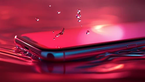 Waterproof smartphone rests in vivid neon liquid glow