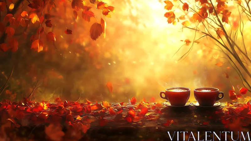 Backlit autumn foliage frames two steaming cups on rustic wood