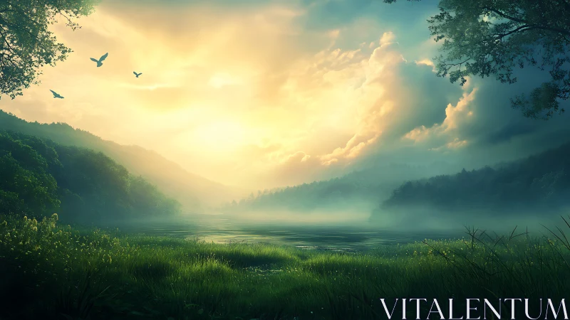 Radiant misty lakeside valley under luminous sunrise glow.