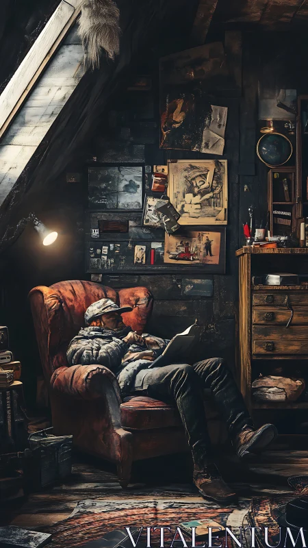 Solitary reader in dim attic studio with worn armchair and lamp.