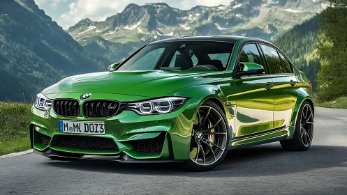 Emerald green sports sedan shines on winding alpine road.