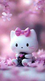 Shy cherry blossom kitten cradling a cosmic candy heart.