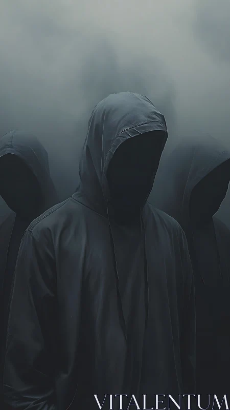 Hooded faceless silhouettes emerging from volumetric fog field.