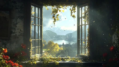 Window of ivy and roses quietly unveils a painted valley