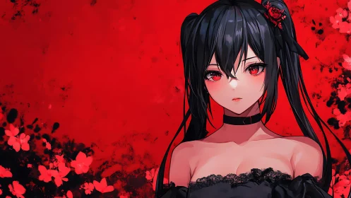 Crimson-haired gothic anime girl amid abstract red bloom.