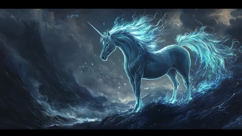 Luminescent unicorn stands defiant in a storm-wracked seascape
