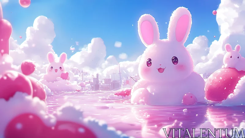 Soft cloud-like rabbit figures in pink reflective water scene.