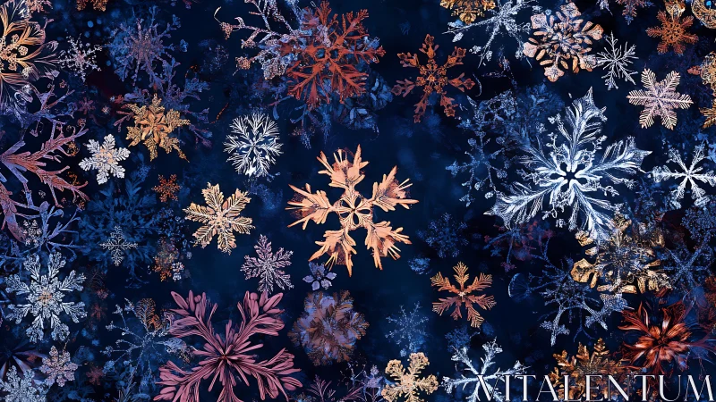 Intricate snowflakes drift across a rich midnight blue sky