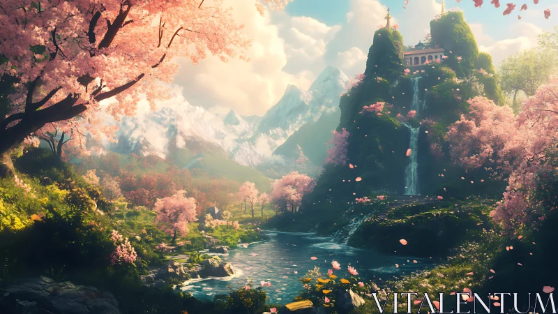 Mountain valley with waterfall and cherry blossom trees.