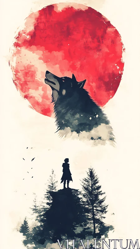 Moonlit wolf and lone wanderer in watercolor silence.