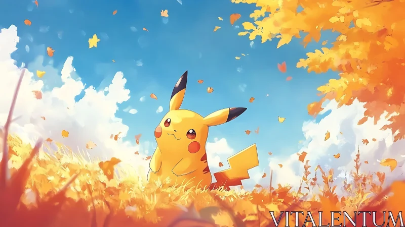 Pikachu enjoying a golden autumn meadow under bright skies.