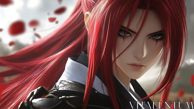 Red haired anime warrior in close intense portrait view.