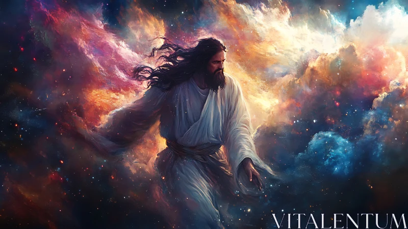 Celestial robed figure strides through radiant cosmic clouds