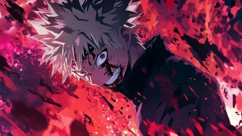 Spiky haired anime figure amid dynamic red explosion field.