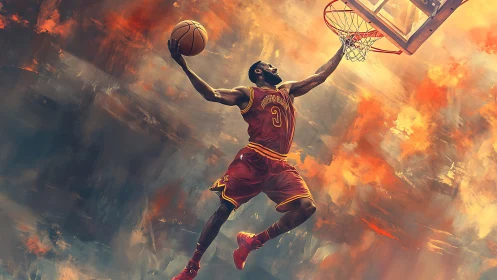 Soaring basketball hero leaping toward a glowing hoop.