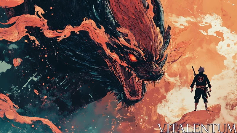 Warrior confronts colossal fiery beast across split sky