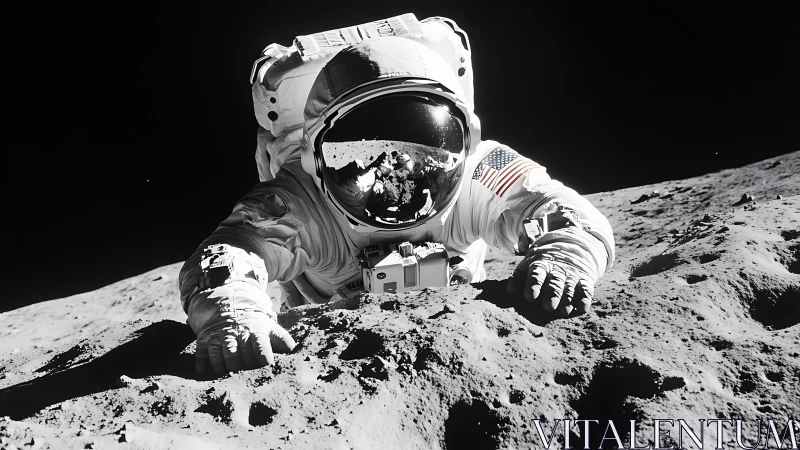 Apollo-era astronaut prone on regolith under hard vacuum lighting