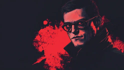 Brooding man in red noir lighting exudes graphic intensity