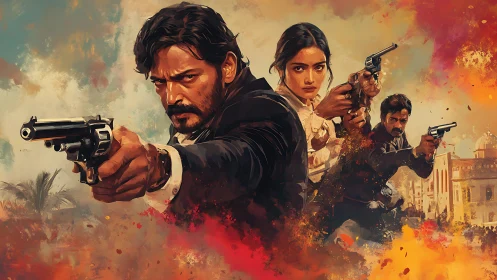 Three armed agents advance through burning urban chaos