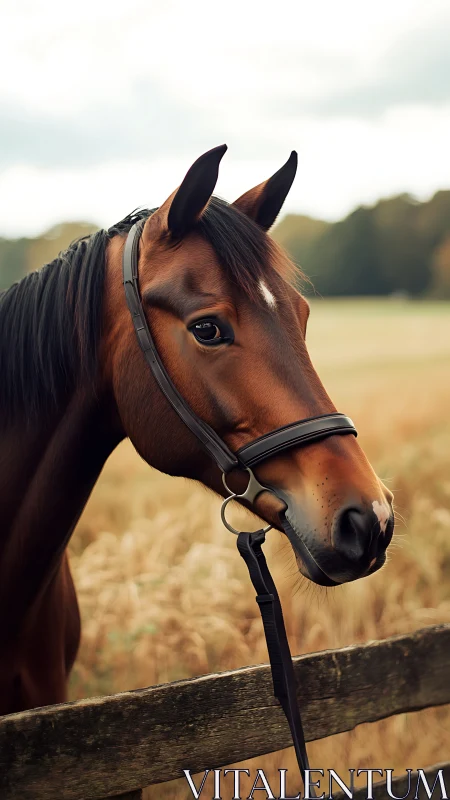 Brown horse with bridle near wooden fence in field.