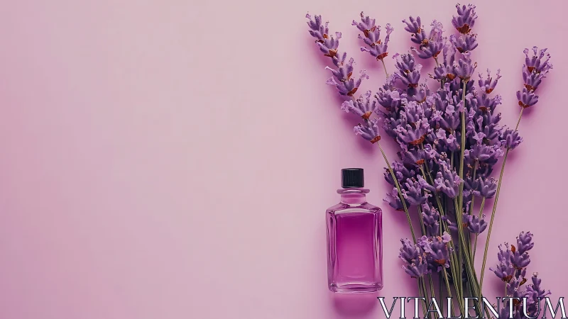 Soft lavender bouquet and perfume bottle on pastel pink.