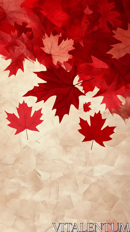 Scarlet maple leaves over textured parchment ground.