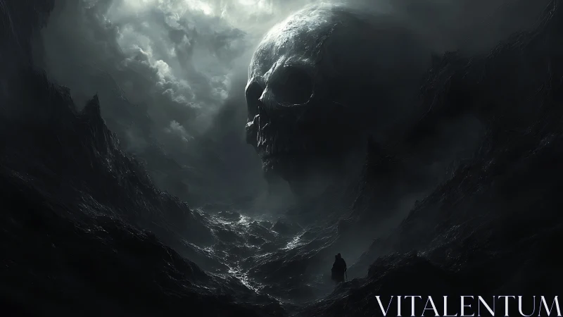 Colossal skull-shaped cliff dominates foggy abyssal valley landscape