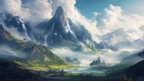 Towering misty peaks above luminous fantasy valley landscape.