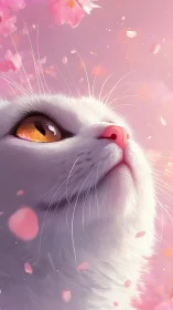 White Cat with Golden Eye Amid Pink Petals