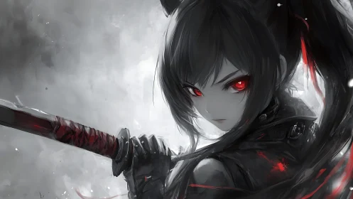 Monochrome anime swordswoman with red accent lighting